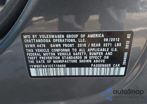 2012 Volkswagen Passat 2.5L Se из США, поврежденный, VIN 1VWBH7A31CC110400